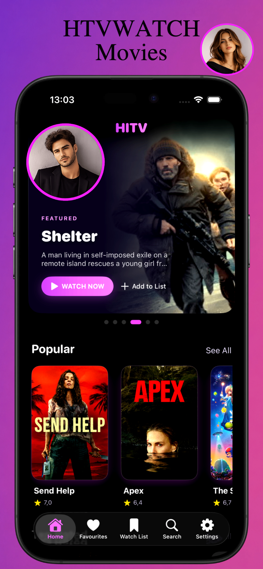HITV iOS app screenshot showing featured movies